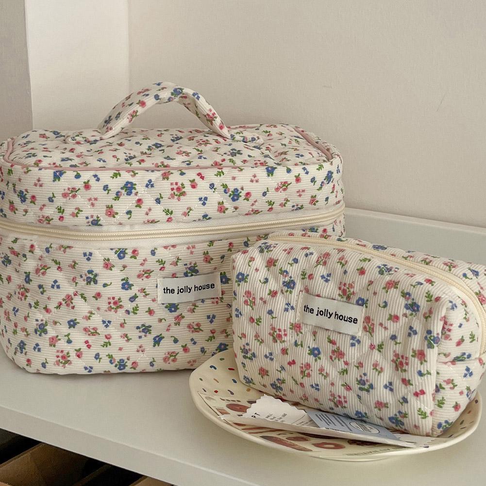 Beauty Preservation Makeup Bag - กระเป๋าเครื่องสำอางลายดอกไม้สไตล์วินเทจแบบพกพา กระเป๋าจัดระเบียบเครื่องสำอางผ้าฝ้าย กระเป๋าเก็บของใช้ในห้องน้ำสำหรับเดินทางขนาดใหญ่