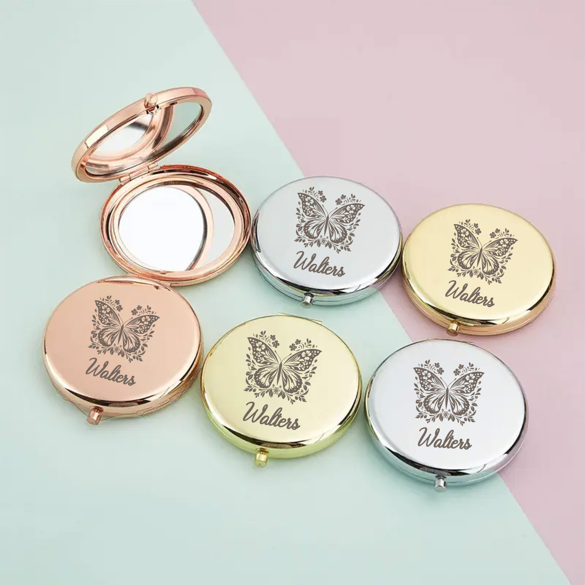 Beauty Makeup Names - กระจกแต่งหน้ารูปผีเสื้อสวยงาม 1 ชิ้น พร้อมสลักชื่อ กระจกพับได้ ของขวัญวันครบรอบ