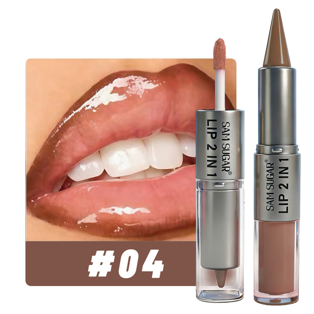 Lip Gloss Plumping - ลิปไลเนอร์และลิปกลอส 2 in 1, ลิปสติกสองหัวที่ให้ความชุ่มชื้นไม่เหนียวเหนอะหนะ, ดินสอเขียนขอบปากเนื้อแมตต์กำมะหยี่พร้อมลิปกลอสเพิ่มความอิ่มเอิบเงางาม